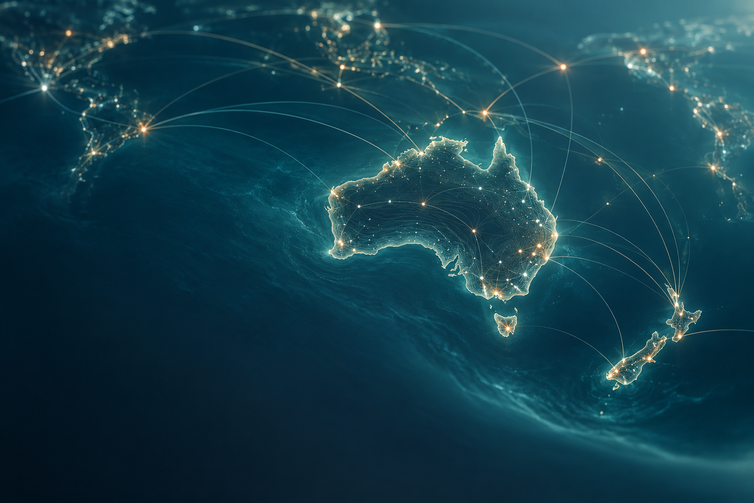 Abstract map of Australia and New Zealand connected to a global evidence network